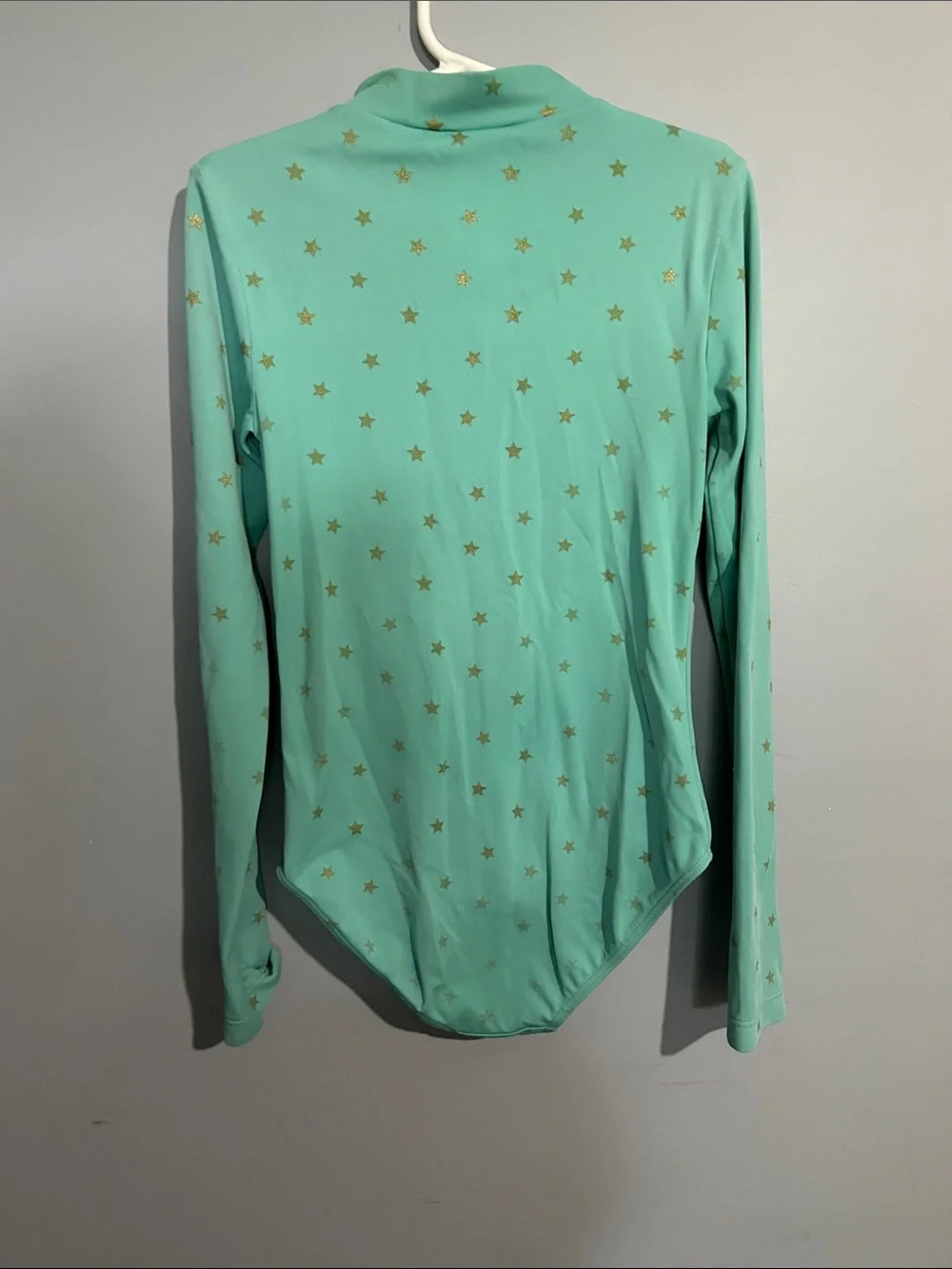 Mini Boden Mint Long-Sleeve Swim Bodysuit with Pink Zip and Gold Stars
